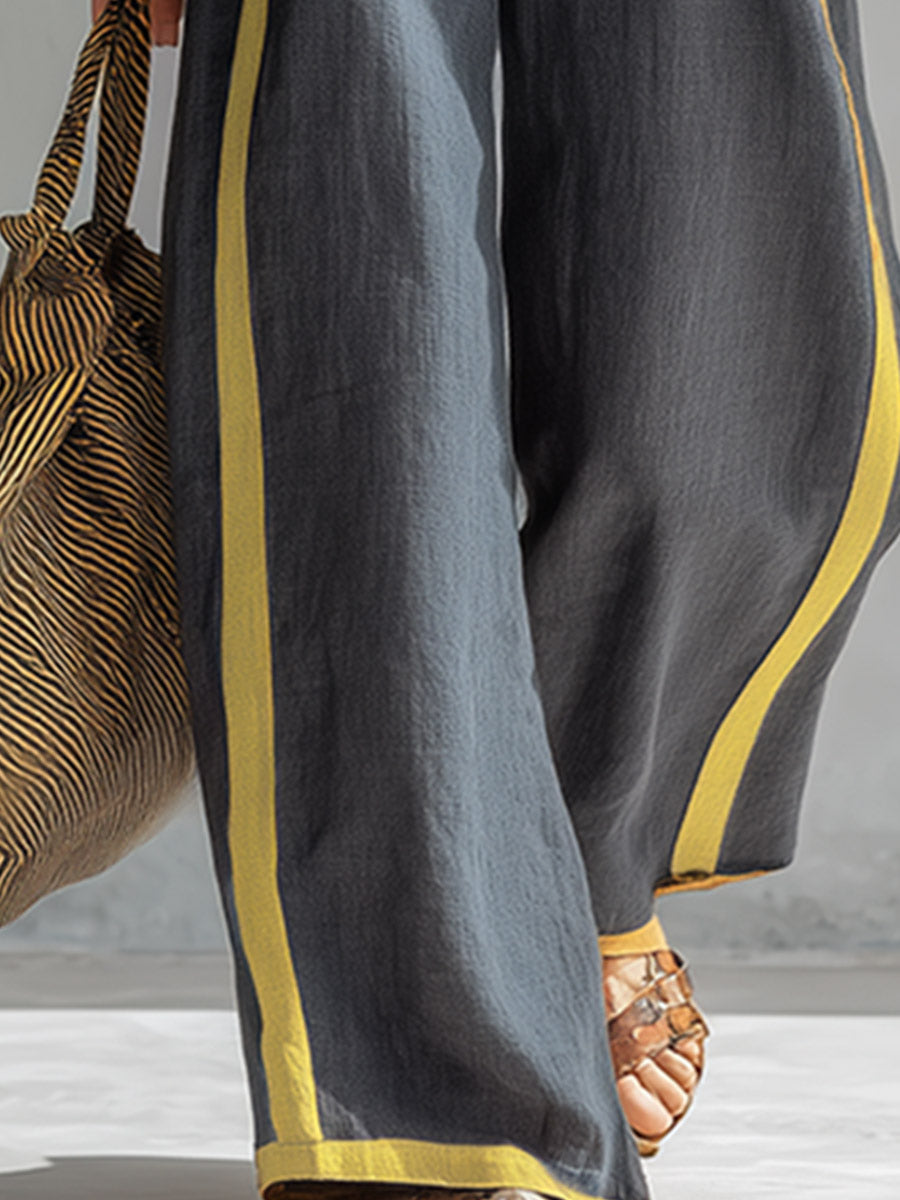 Elegant And Casual Two-tone Trim Gray Cotton And Linen Shirt And Pants Set