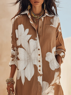 Brown White Floral Print Vacation Maxi Shirt Dress