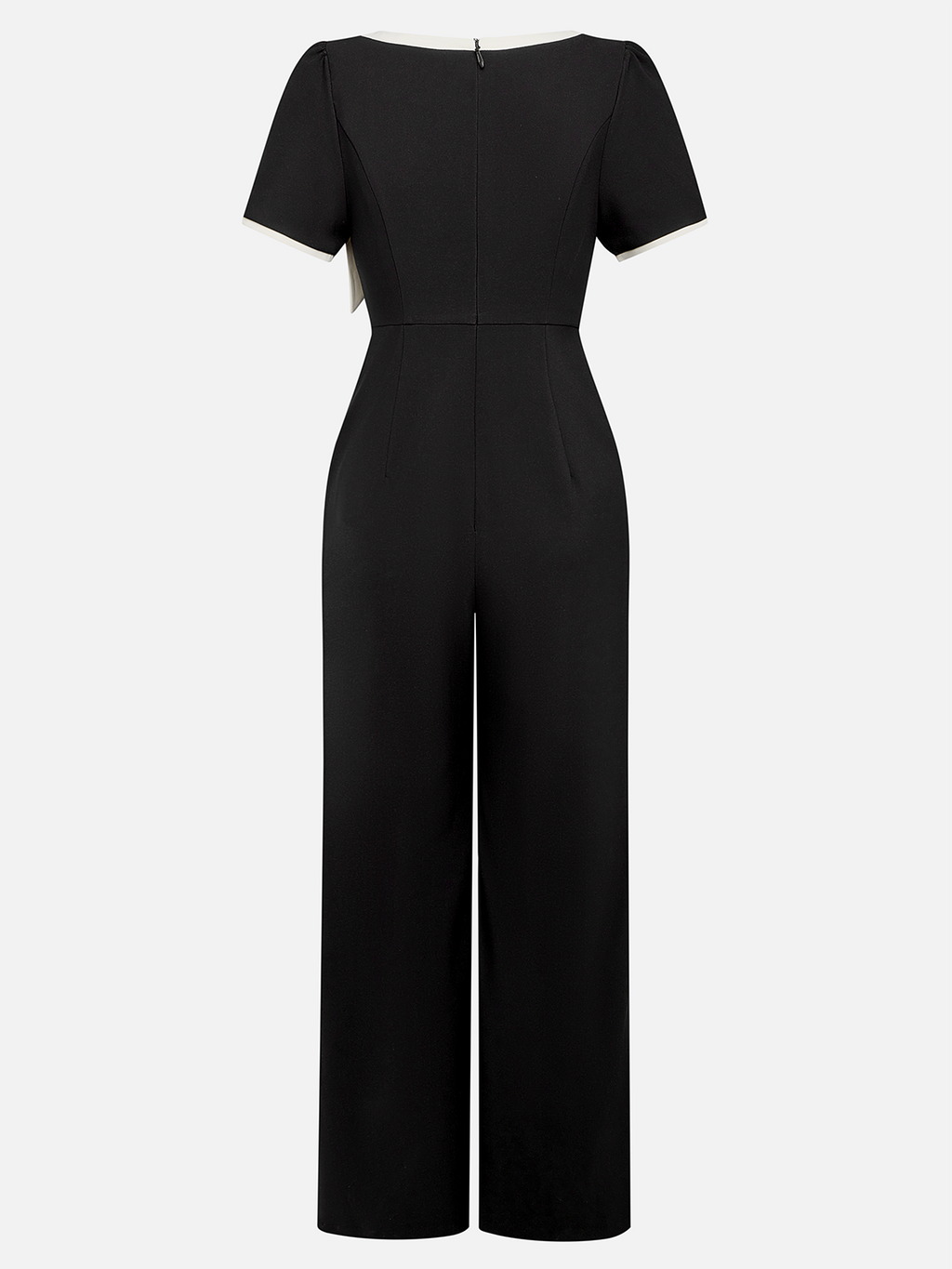 Women Black Bow Tie Neck Short Sleeve Dressy Jumpsuit