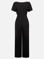 Women Black Bow Tie Neck Short Sleeve Dressy Jumpsuit