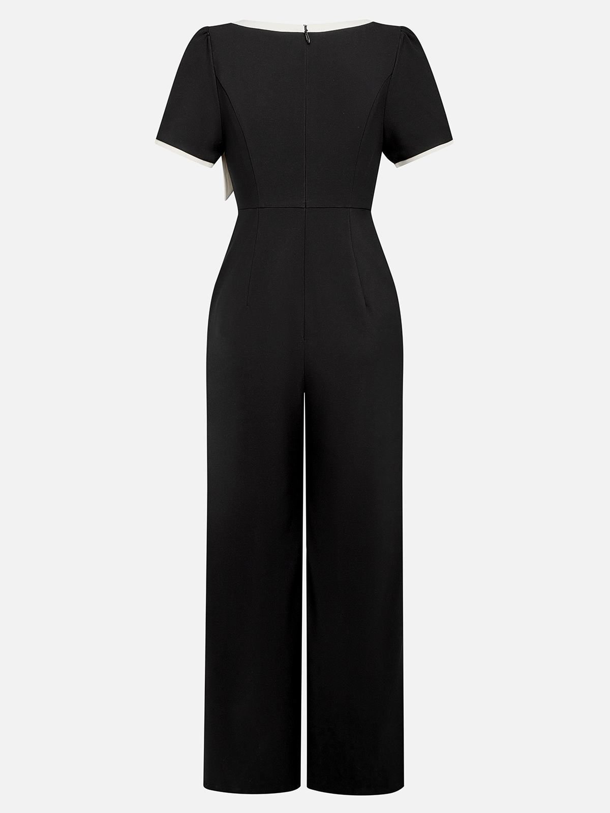Women Black Bow Tie Neck Short Sleeve Dressy Jumpsuit