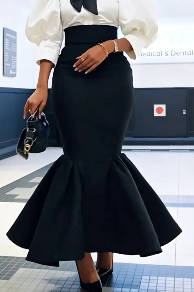 Women's Elegant Puff Sleeve Shirts & High Waist Fishtail Skirt