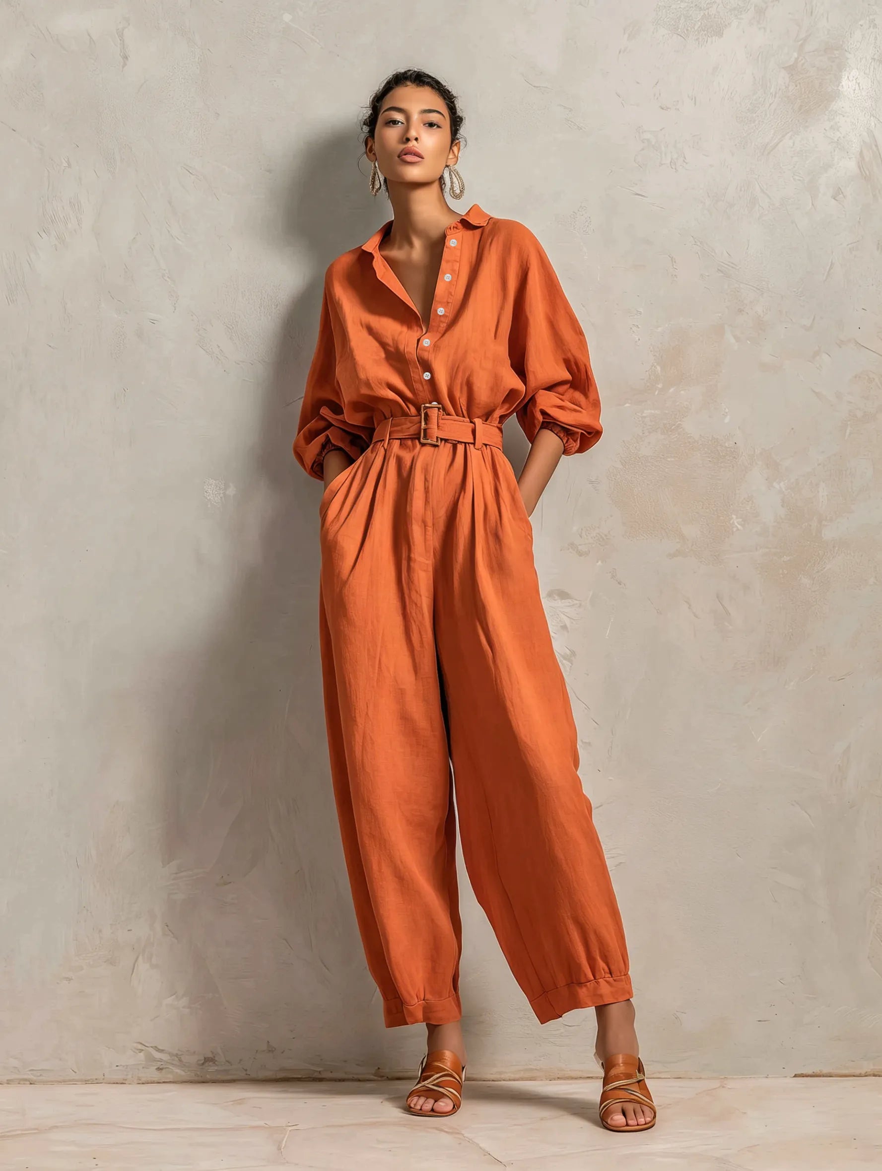Women's Minimalist Cotton-Linen Jumpsuit With Belt — Wide-Leg Trousers And Mid-Length Sleeves MDZ2965E9ZJW