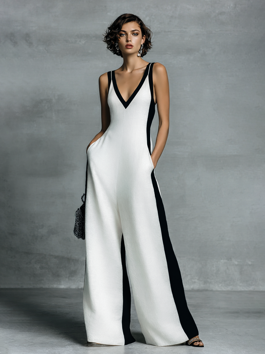 Women's Fashion Black and White Cotton Linen Color Block Thin Strap Jumpsuit MDZ0528B0BA