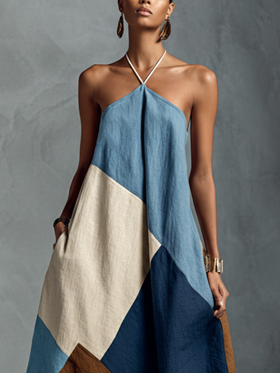 Women's Bohemian Multi-color Cotton Linen Blend Patchwork Halter Maxi Dress MDZ1956C4BA