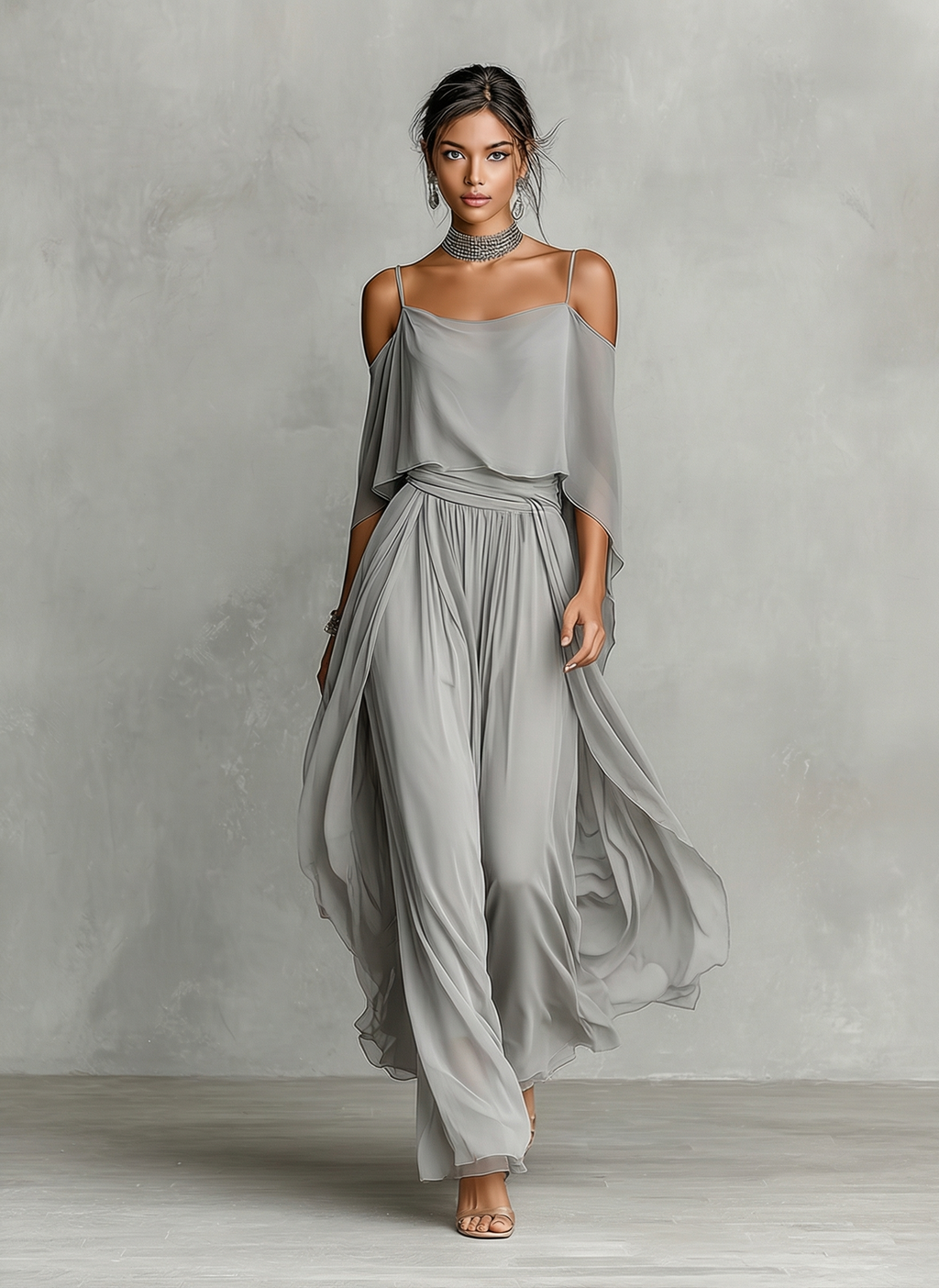 Women's Grey Breathable Chiffon Set With Cold-Shoulder Detail & Flared Silhouette, Contemporary Luxury-Feminine Style Set MDZ2651B6I