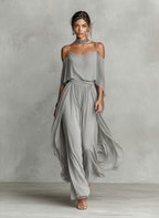 Women's Grey Breathable Chiffon Set With Cold-Shoulder Detail & Flared Silhouette, Contemporary Luxury-Feminine Style Set MDZ2651B6I