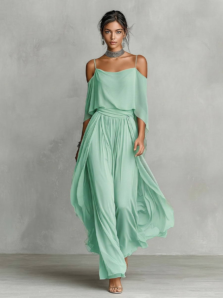 Women's Grey Breathable Chiffon Set With Cold-Shoulder Detail & Flared Silhouette, Contemporary Luxury-Feminine Style Set MDZ2651B6I