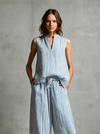 Women's Casual Blue And White Striped Woven Sleeveless V-Neck Top With Trousers MDZ2940D8LXY