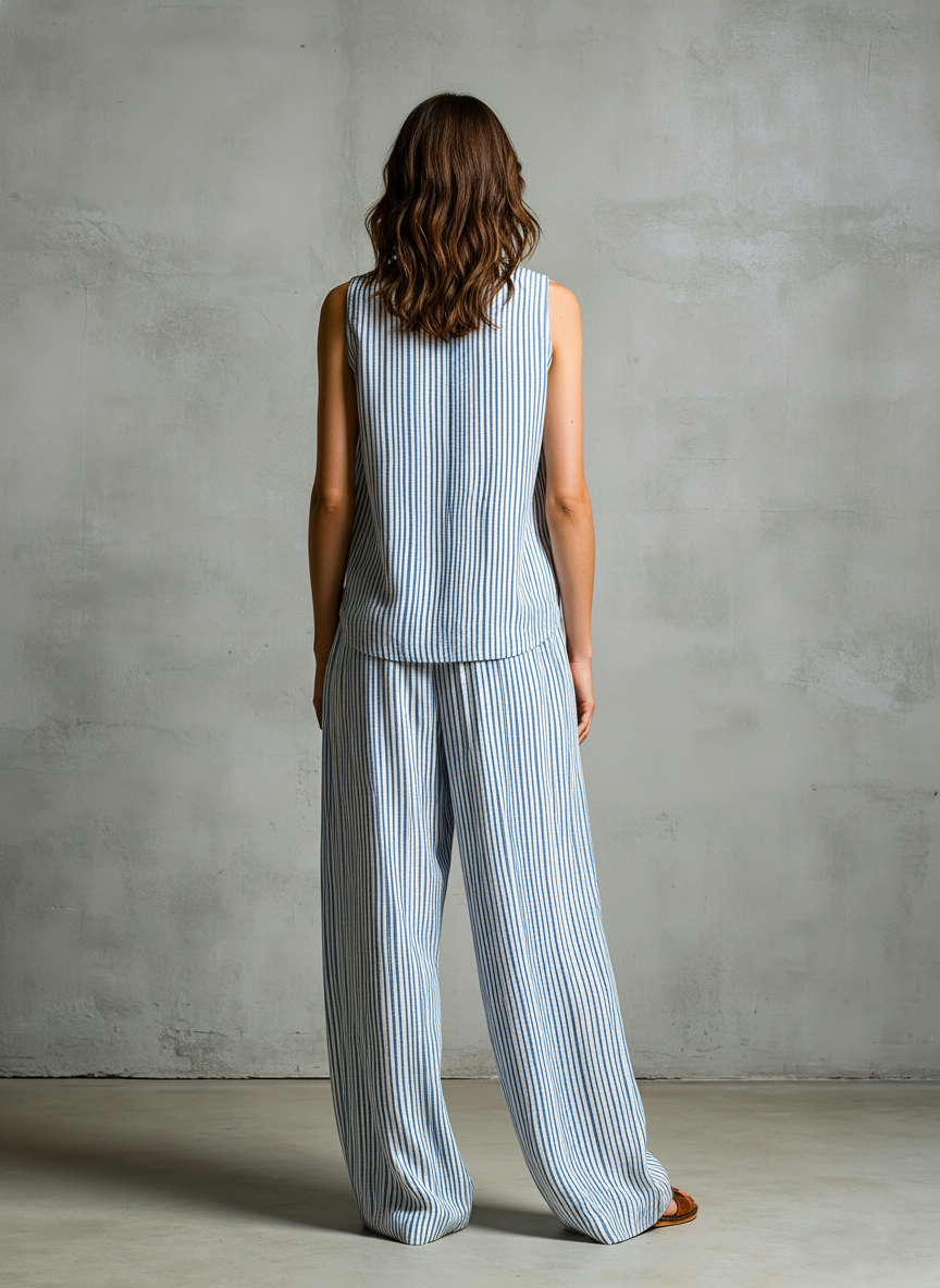 Women's Casual Blue And White Striped Woven Sleeveless V-Neck Top With Trousers MDZ2940D8LXY