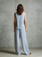 Women's Casual Blue And White Striped Woven Sleeveless V-Neck Top With Trousers MDZ2940D8LXY