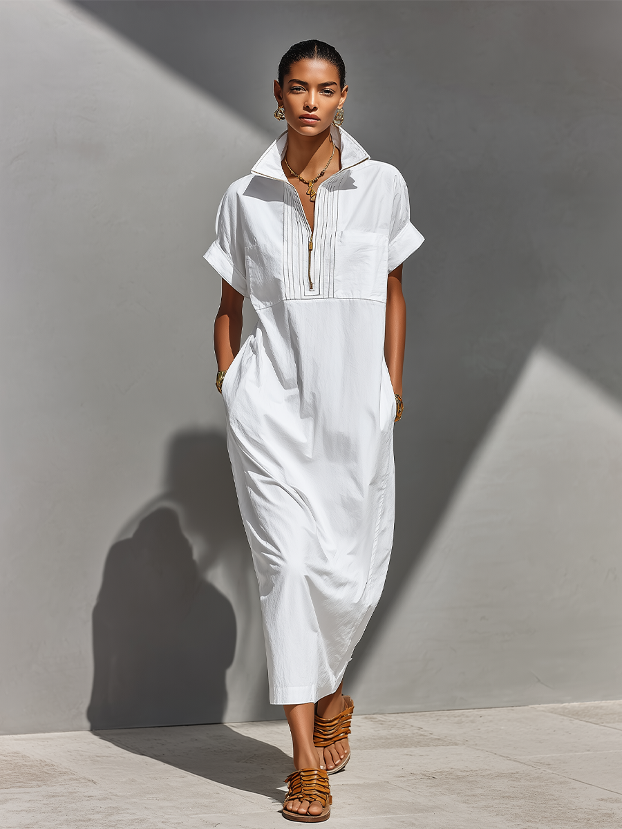 Women's White 100% Cotton Maxi Shirt Dress With Half-Zip Collar & Rolled Sleeves, Timeless Casual Everyday Dress MDZ0779E4LYL