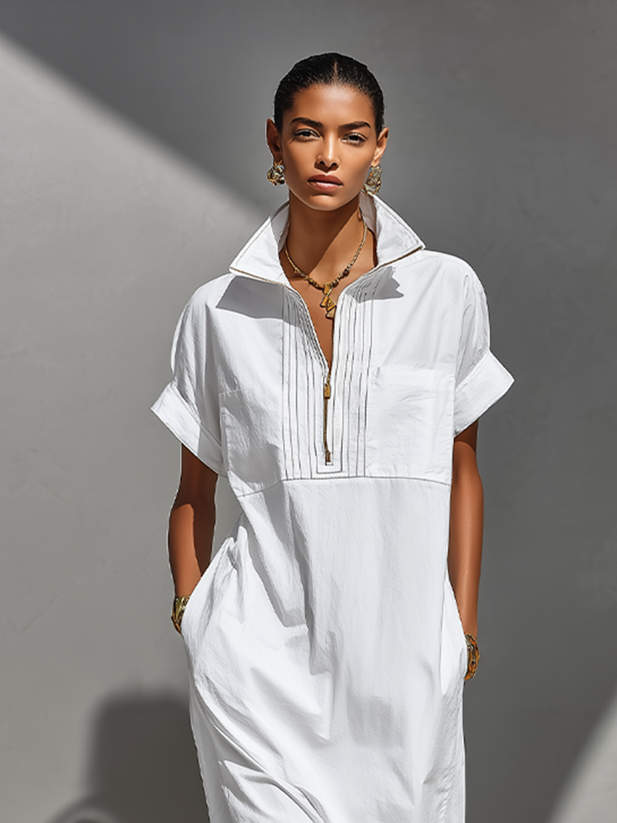 Women's White 100% Cotton Maxi Shirt Dress With Half-Zip Collar & Rolled Sleeves, Timeless Casual Everyday Dress MDZ0779E4LYL