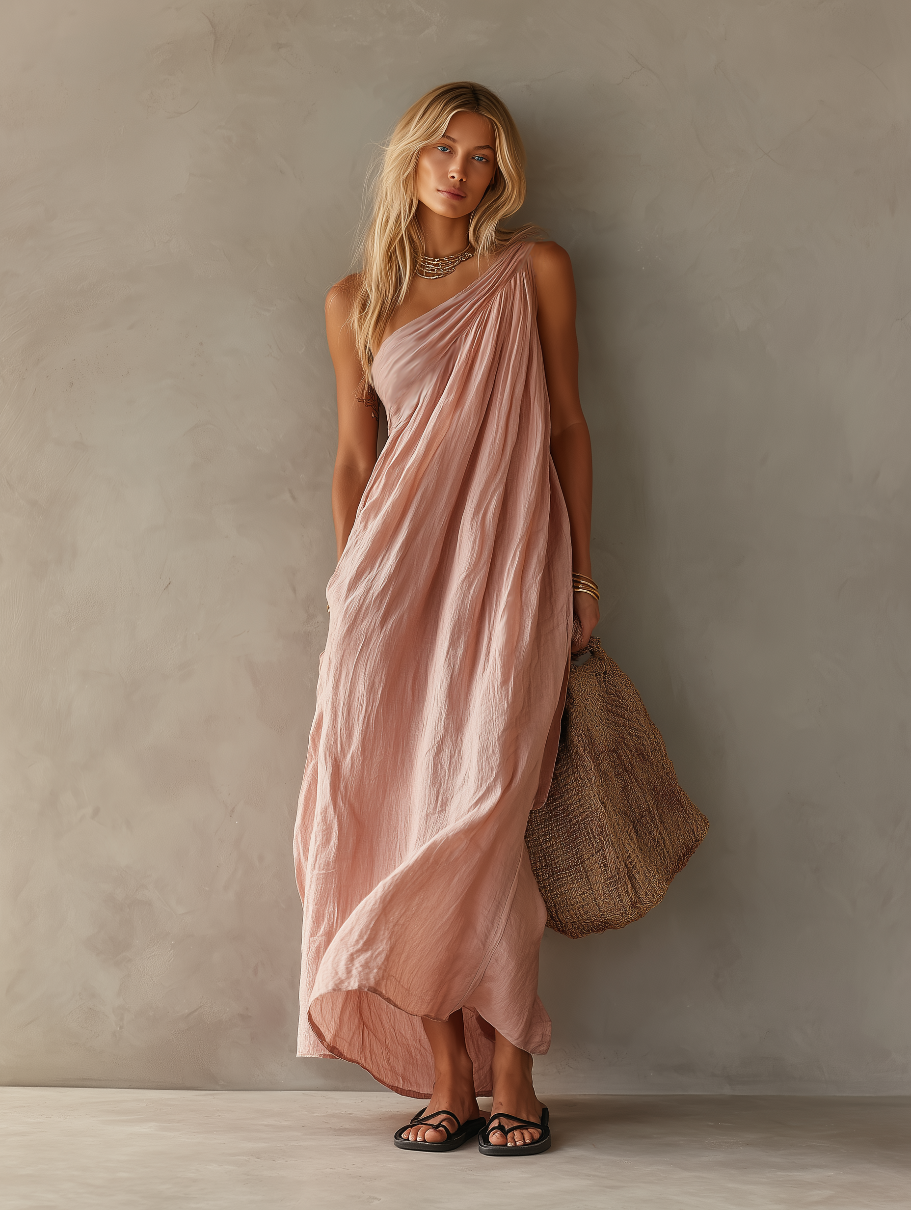 Women's Elegant Pink Cotton-Linen One-Shoulder Sleeveless Maxi Dress MDZ0829E1LXY