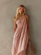Women's Elegant Pink Cotton-Linen One-Shoulder Sleeveless Maxi Dress MDZ0829E1LXY