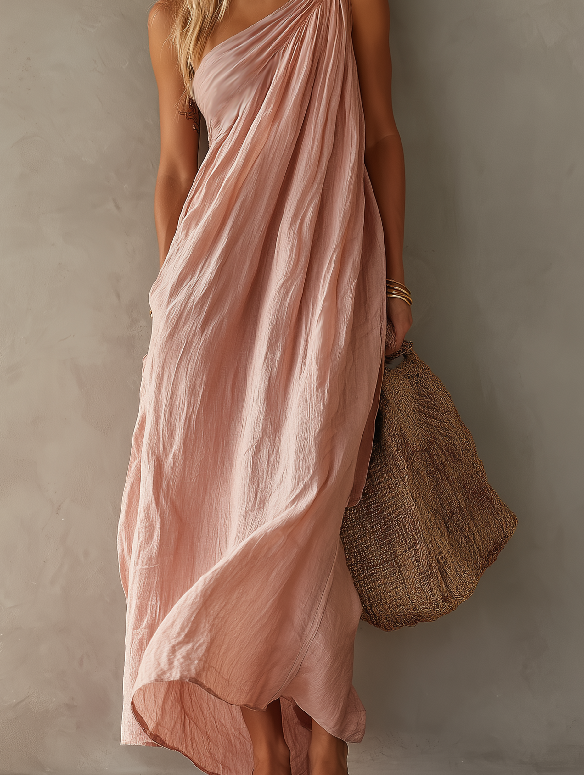 Women's Elegant Pink Cotton-Linen One-Shoulder Sleeveless Maxi Dress MDZ0829E1LXY