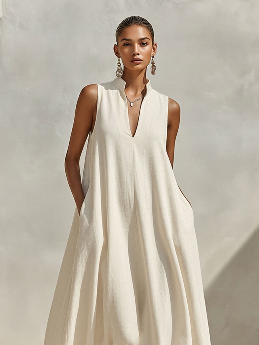 Women's Cream Linen-Blend Sleeveless Maxi Dress With Stand Collar & V-Neck, Timeless Minimalist Summer Dress MDZ0806E9LYL