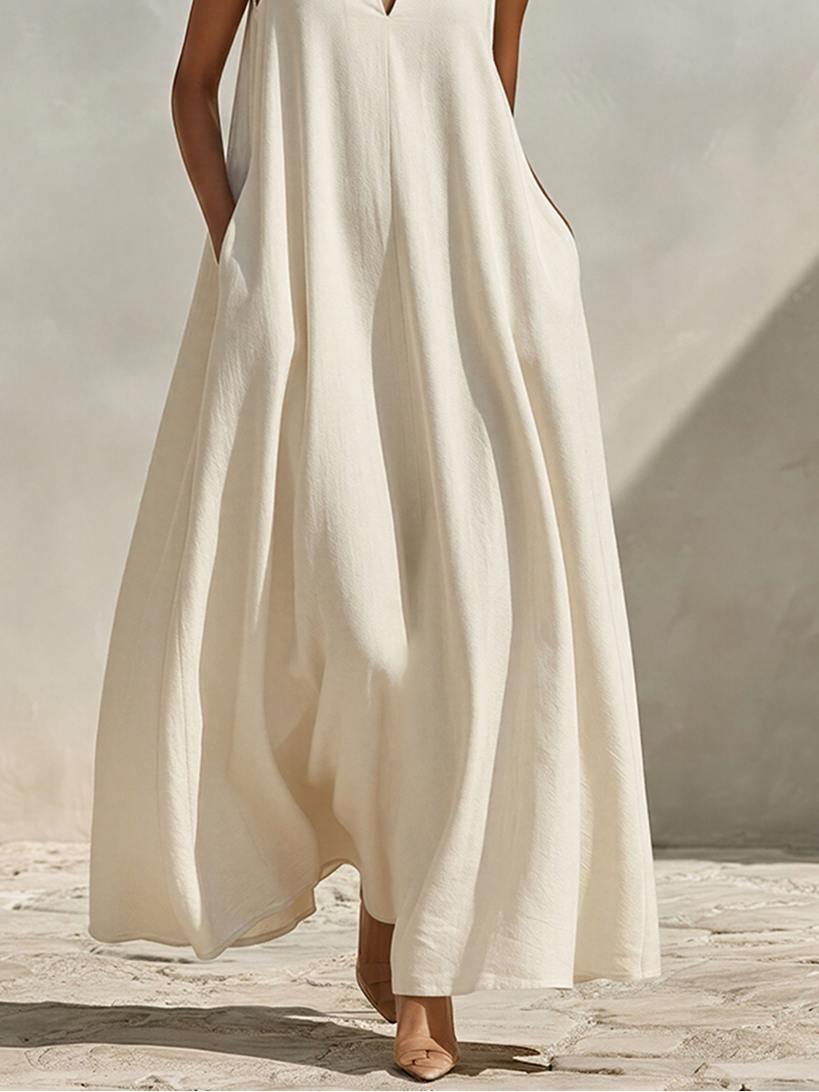 Women's Cream Linen-Blend Sleeveless Maxi Dress With Stand Collar & V-Neck, Timeless Minimalist Summer Dress MDZ0806E9LYL