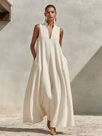 Women's Cream Linen-Blend Sleeveless Maxi Dress With Stand Collar & V-Neck, Timeless Minimalist Summer Dress MDZ0806E9LYL