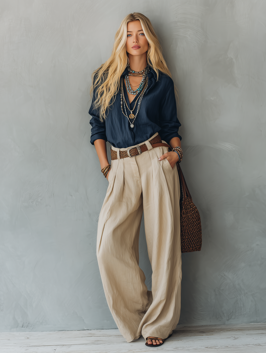 Women's Casual Navy Blue Cotton-Linen Long-Sleeve Pullover Shirt Paired With Khaki Cotton-Linen Trousers (Belt Not Included) MDZ1121E4LXY
