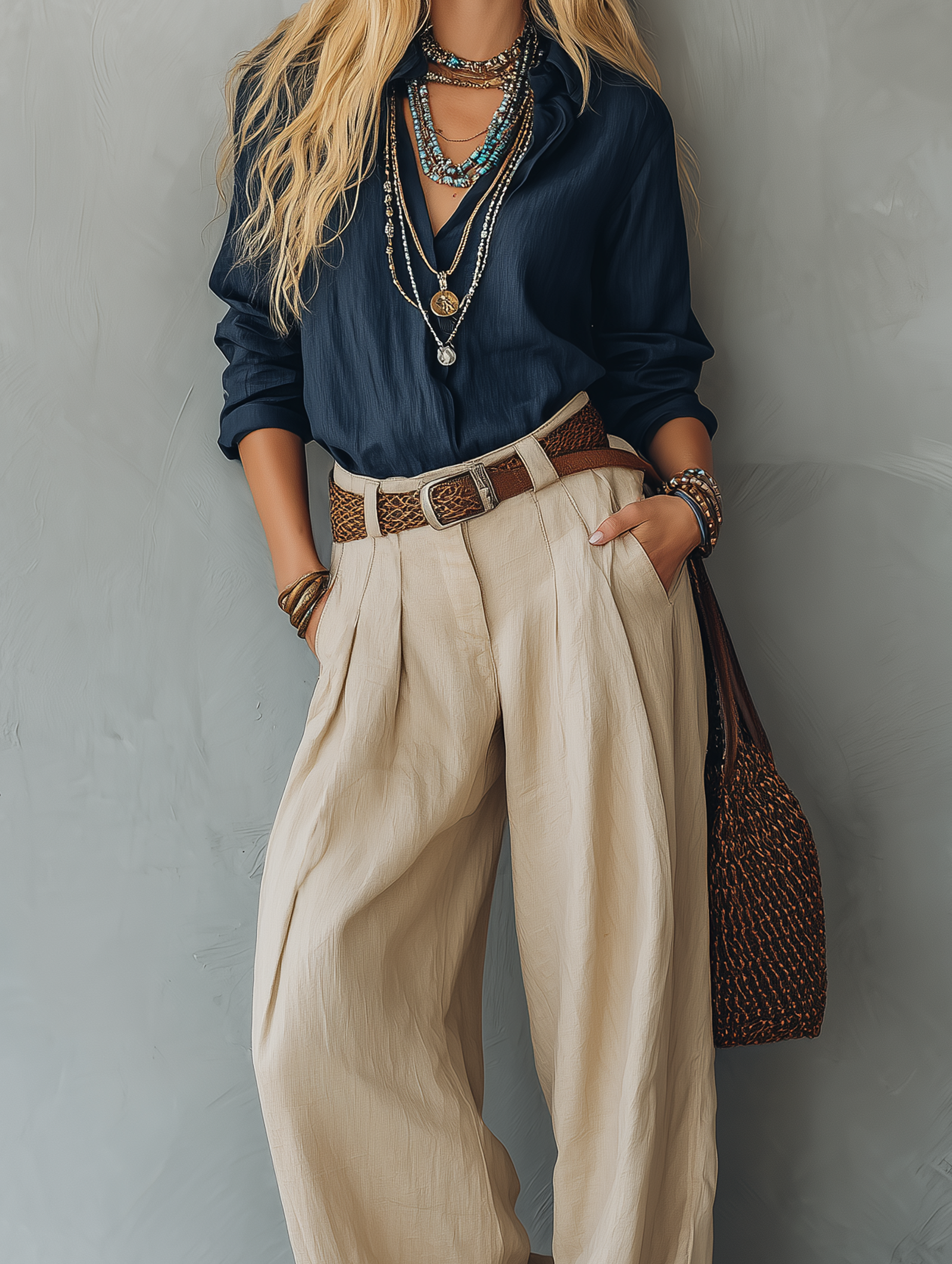 Women's Casual Navy Blue Cotton-Linen Long-Sleeve Pullover Shirt Paired With Khaki Cotton-Linen Trousers (Belt Not Included) MDZ1121E4LXY