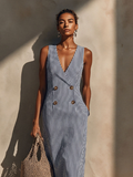 Women's Blue-White Striped Cotton-Blend Maxi Dress With Blazer Style & Double-Breasted, Timeless Nautical Casual Dress MDZ1388E5LYL