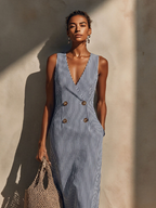 Women's Blue-White Striped Cotton-Blend Maxi Dress With Blazer Style & Double-Breasted, Timeless Nautical Casual Dress MDZ1388E5LYL