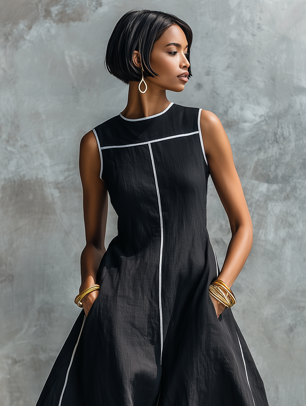 Women's Minimalist Linen-Blend Maxi Dress With Contrast Trim, Round Neck, And Sleeveless Design MDZ1516E0Y