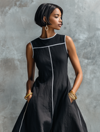 Women's Minimalist Linen-Blend Maxi Dress With Contrast Trim, Round Neck, And Sleeveless Design MDZ1516E0Y