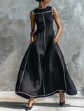 Women's Minimalist Linen-Blend Maxi Dress With Contrast Trim, Round Neck, And Sleeveless Design MDZ1516E0Y