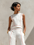 Women's Minimalist Linen-Blend Contrast-Stitched Blouse & Wide-Leg Pants Set MDZ1599E9Y