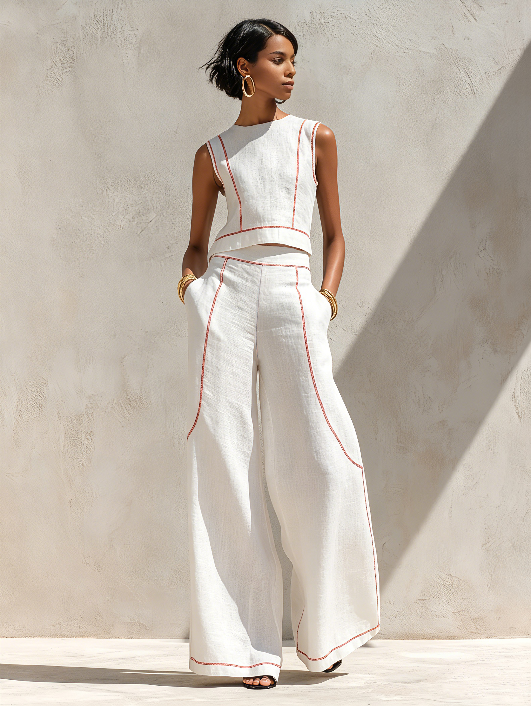 Women's Minimalist Linen-Blend Contrast-Stitched Blouse & Wide-Leg Pants Set MDZ1599E9Y