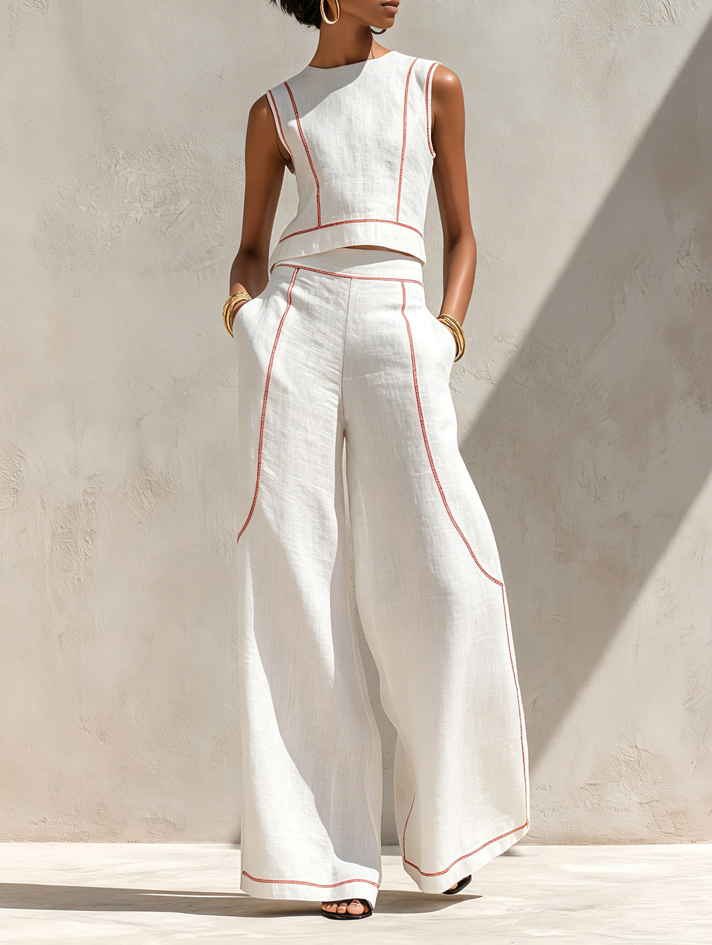 Women's Minimalist Linen-Blend Contrast-Stitched Blouse & Wide-Leg Pants Set MDZ1599E9Y