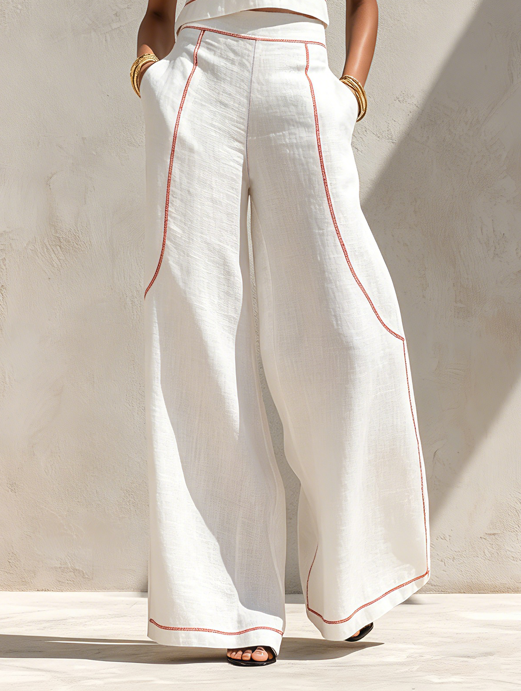Women's Minimalist Linen-Blend Contrast-Stitched Blouse & Wide-Leg Pants Set MDZ1599E9Y