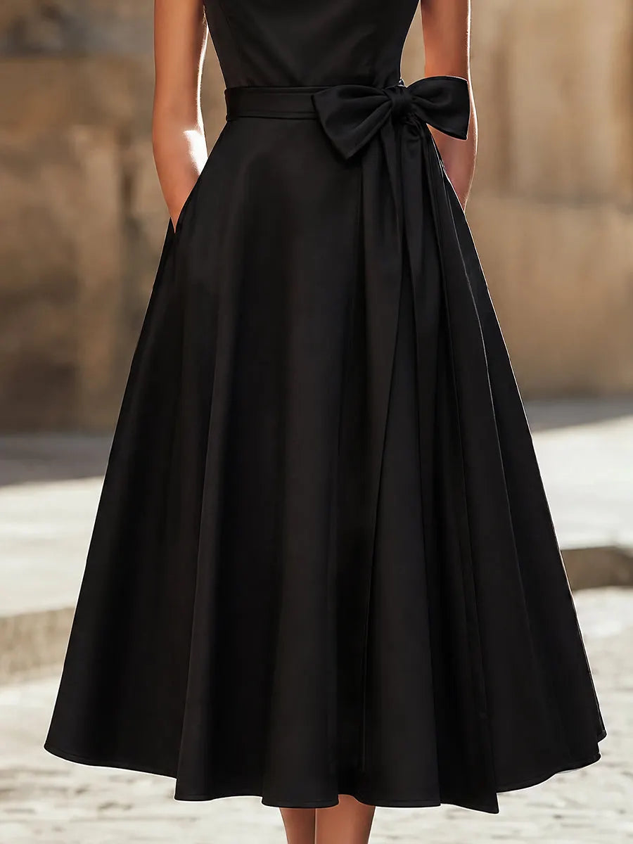 Timeless Elegance Boat-Neck A-Line Midi Dress With Oversized Side Bow