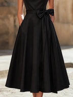 Timeless Elegance Boat-Neck A-Line Midi Dress With Oversized Side Bow