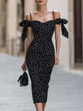 Olka Dot Off-Shoulder Bodycon Midi Dress With Bow Accents