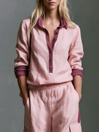 Retro Casual Color-blocked Pink Cotton-linen Shirt And Trousers Set