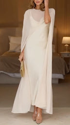 Two Piece Cream Satin Maxi Dress with Chiffon Cape