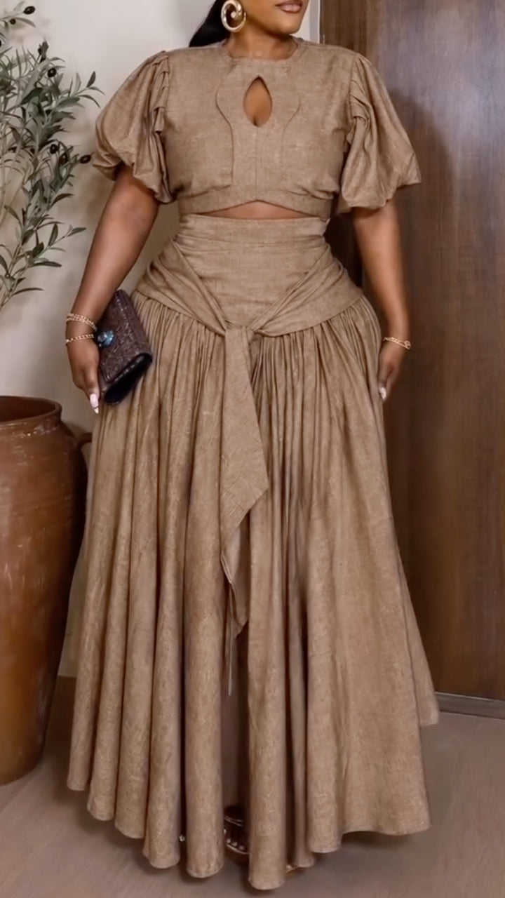 Taupe Linen-Blend Cropped Top & Wrap Maxi Skirt Two-Piece Set