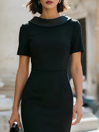 Black Satin Collar Short-Sleeve Sheath Midi Dress