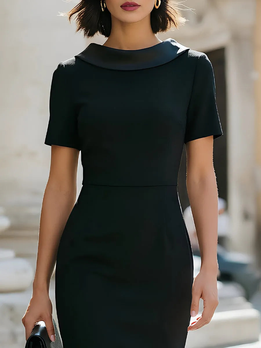 Black Satin Collar Short-Sleeve Sheath Midi Dress