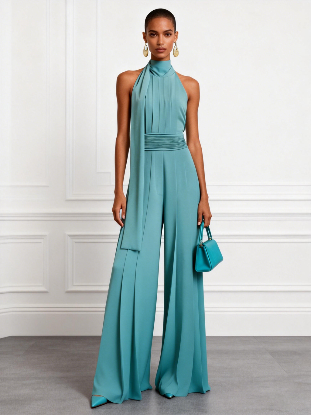 Women Cyan Ruched Halter Mock Neck Sleeveless Dressy Jumpsuit