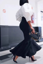 Women's Elegant Puff Sleeve Shirts & High Waist Fishtail Skirt
