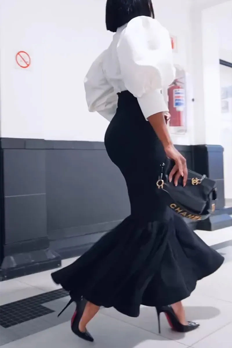 Women's Elegant Puff Sleeve Shirts & High Waist Fishtail Skirt