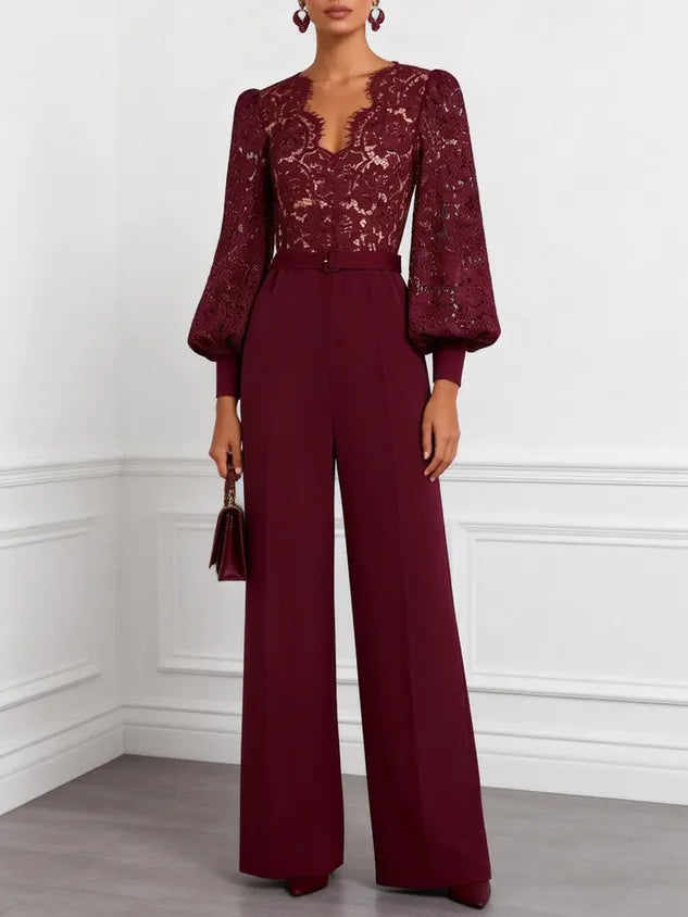 Women Burgundy Lace V Neck Long Sleeve Balloon Sleeve Dressy Jumpsuit