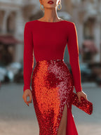 Radiant Red Two-Tone Sequin Midi Dress