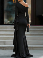 Elegant One-Shoulder Satin Gown With Draped Detail And Side Slit