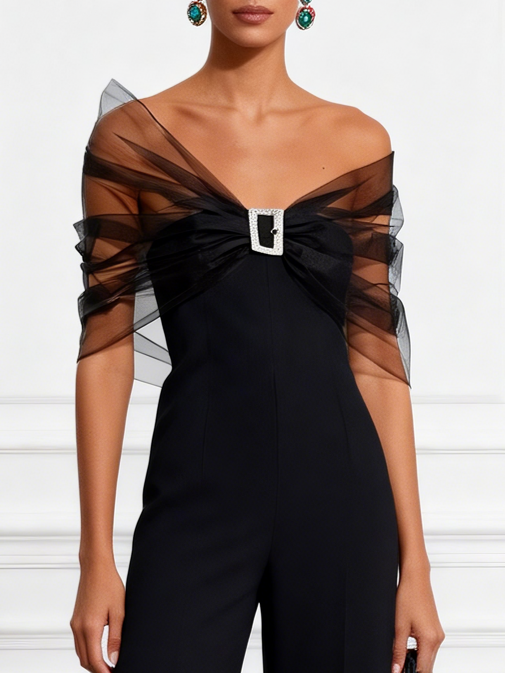 Women Black Mesh Rhinestone V Neck Short Sleeve Elegant Jumpsuit