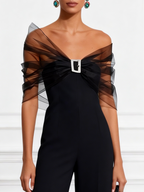 Women Black Mesh Rhinestone V Neck Short Sleeve Elegant Jumpsuit